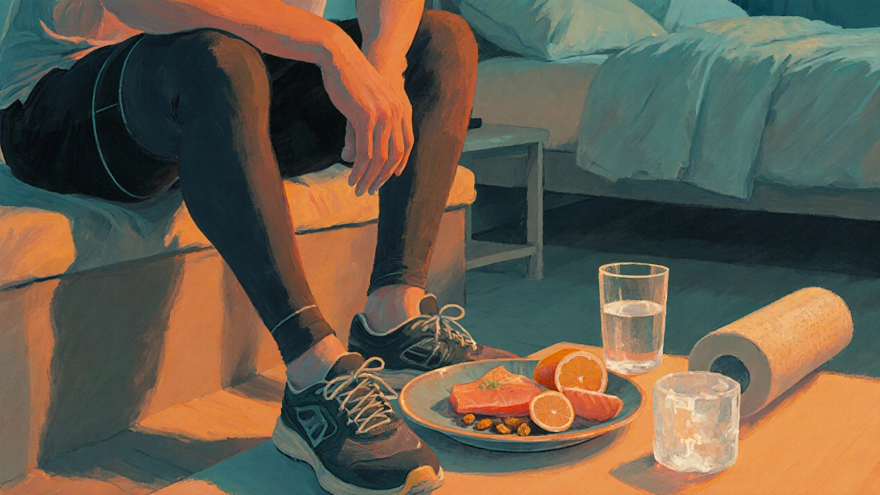 Athlete resting at home with supportive shoes, protein food, ice pack, and a cozy bed.