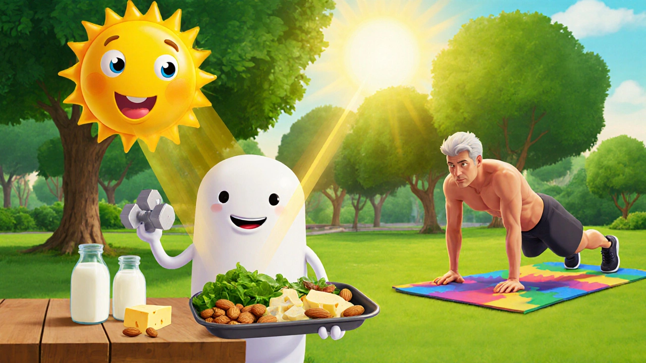 Cartoon character holding calcium foods under a sunny sky while doing resistance exercises.