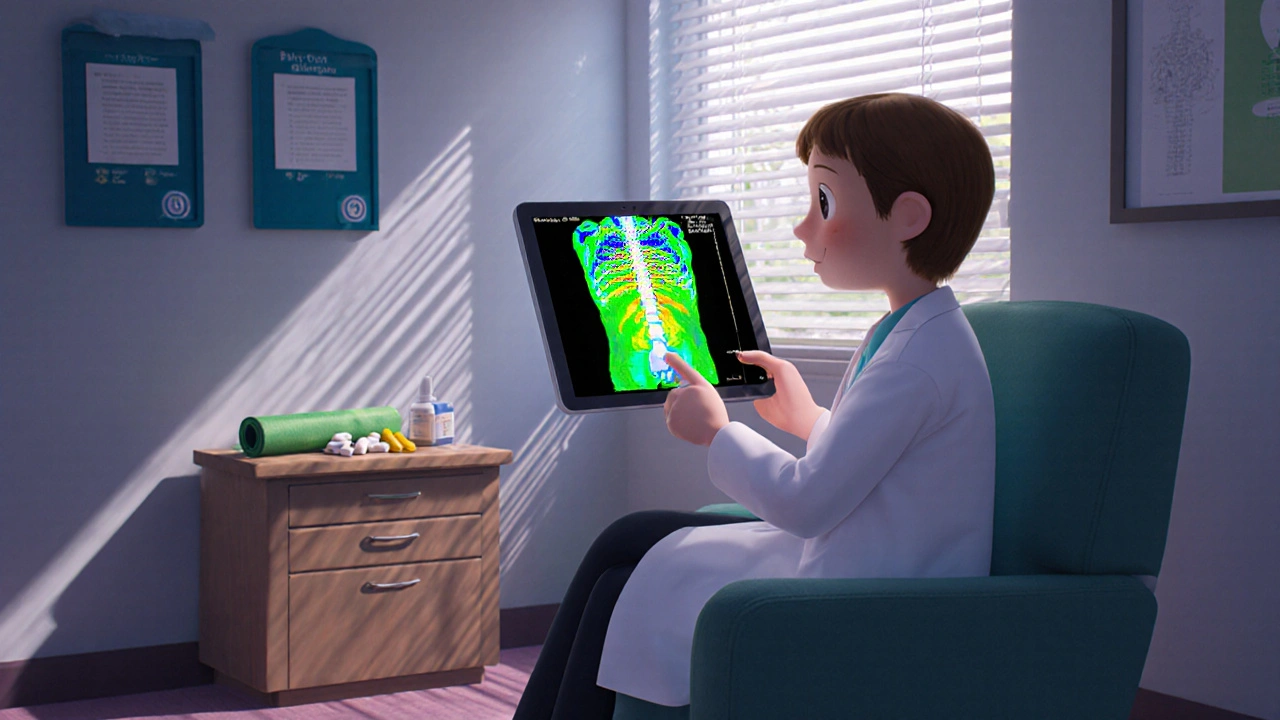 Cartoon doctor showing a glowing DXA scan to a patient in a bright office.
