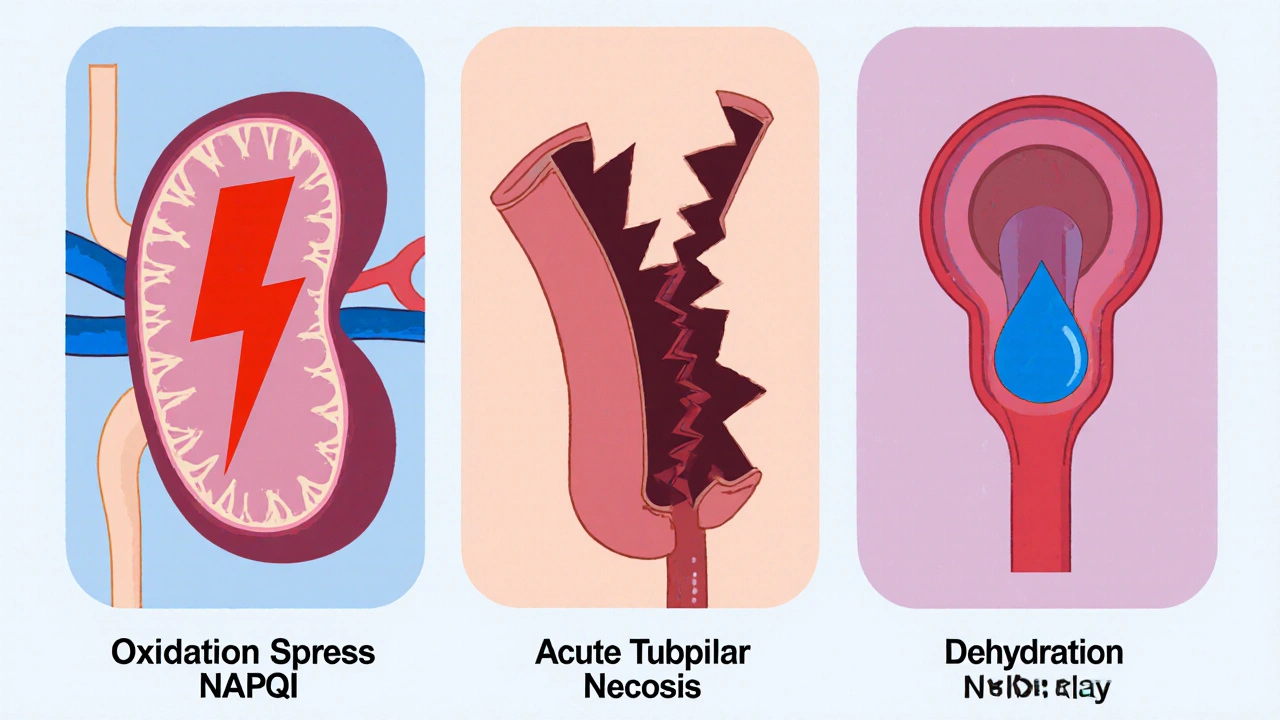 Cartoon kidneys showing oxidative stress, tubular necrosis, and reduced blood flow.