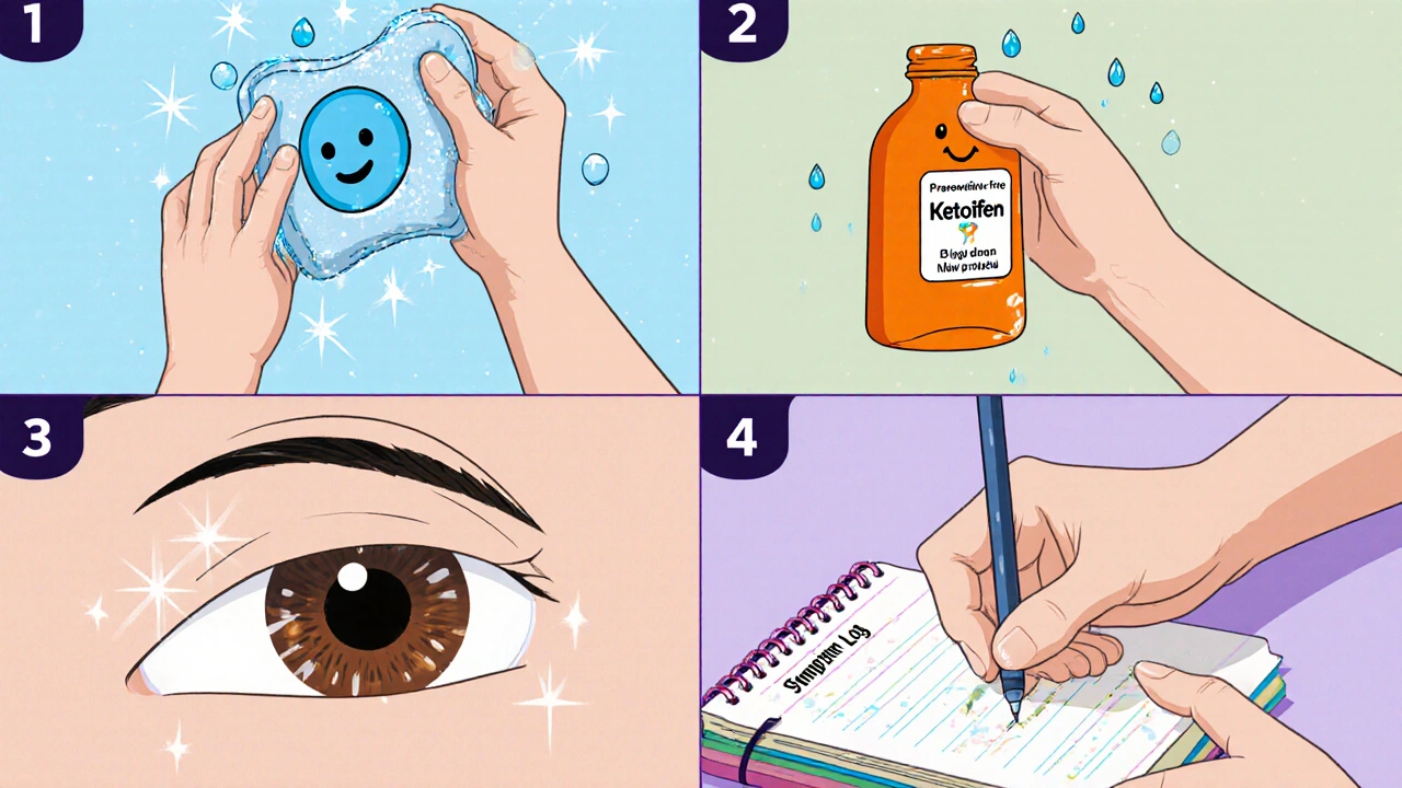 Cartoon steps: cold compress, preservative‑free tears, antihistamine drops, symptom diary.