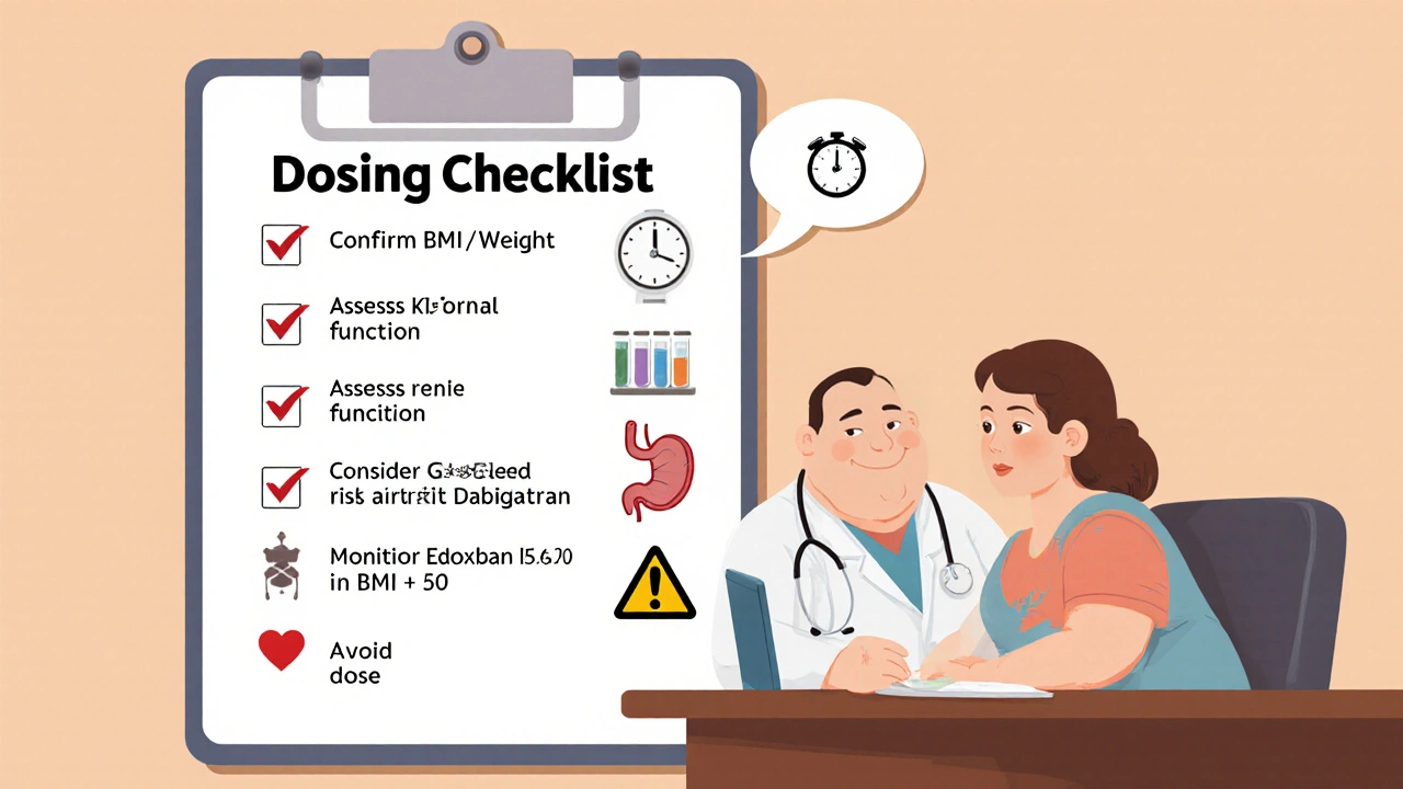 Clinician and patient review a DOAC dosing checklist with icons for BMI, kidney, and bleed risk.