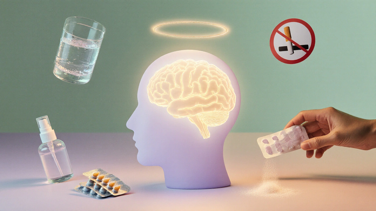 Conceptual scene of water, saline spray, antihistamines, and no‑smoke symbols surrounding a glowing smell center.