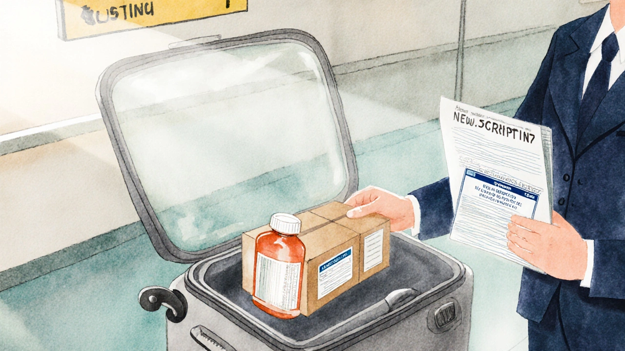 Customs officer inspecting a suitcase with medication box and prescription.