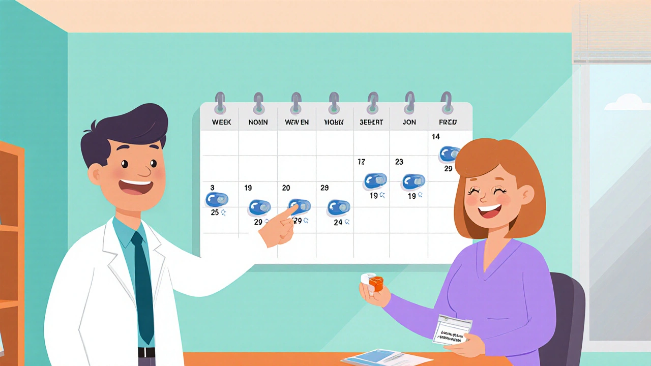 Doctor and patient looking at a calendar with increasing pill icons representing titration steps.