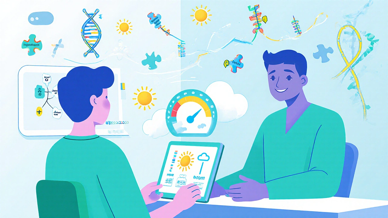 Doctor and patient viewing a floating risk‑score gauge with DNA and epigenetic symbols.
