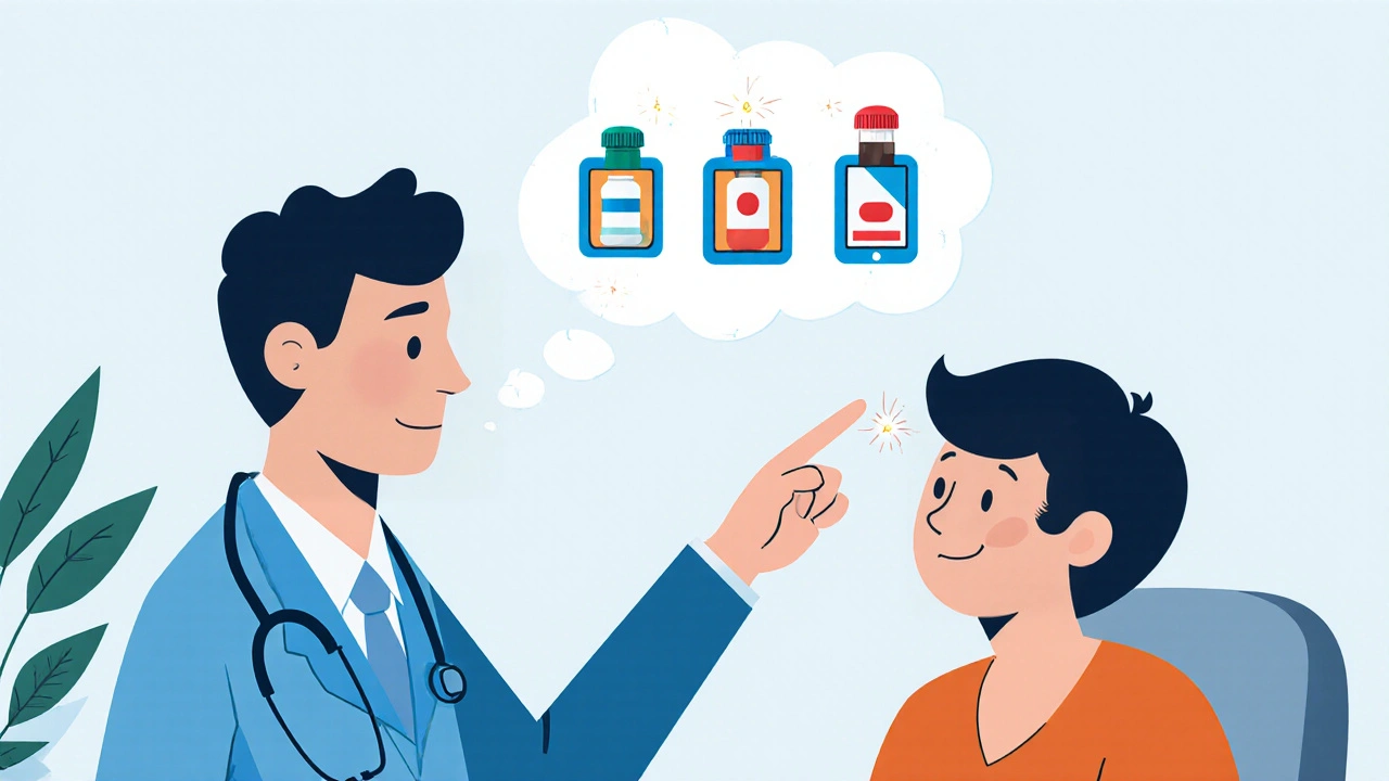 Doctor pointing to a thought bubble of pill icons while consulting a patient.