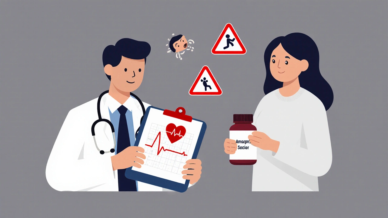Doctor with ECG monitor and patient holding Amoxapine, surrounded by warning icons for side effects.