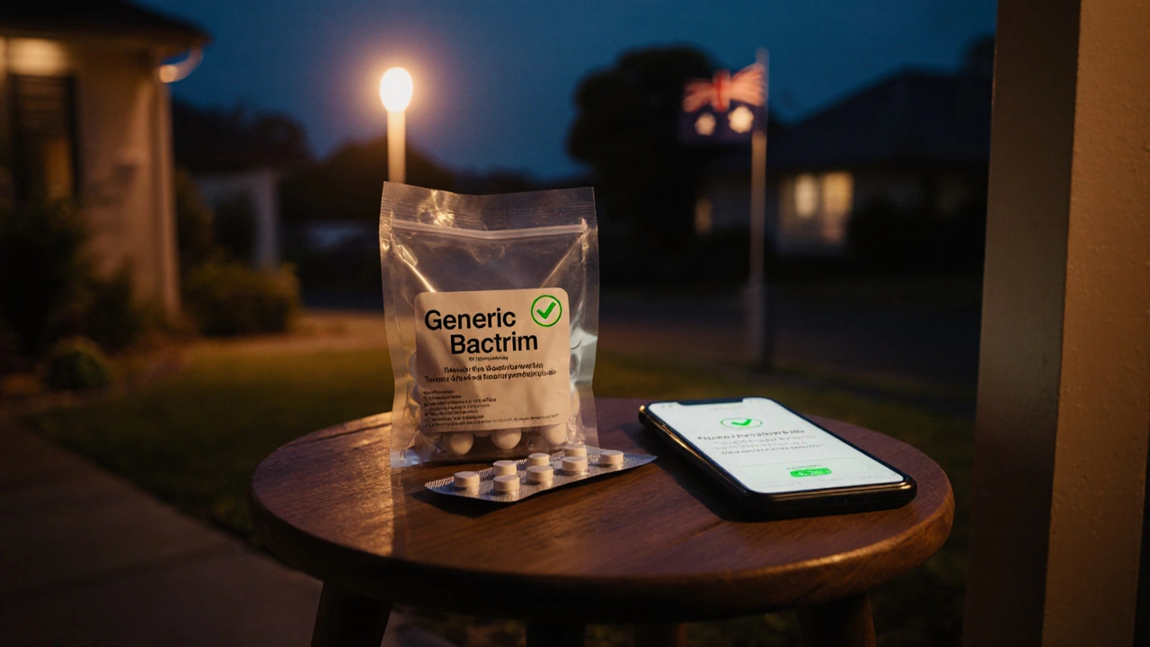 Doorstep with sealed bag of generic Bactrim, phone showing tracking confirmation at dusk.