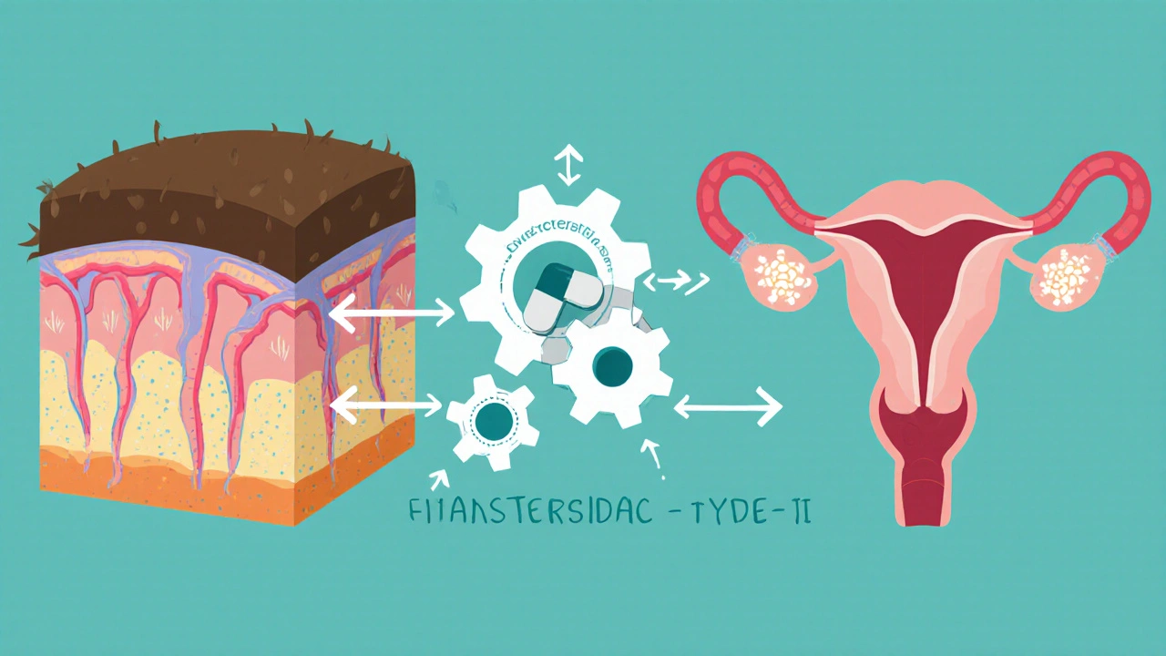 Flat cartoon showing Dutasteride blocking both enzyme types, reducing DHT.