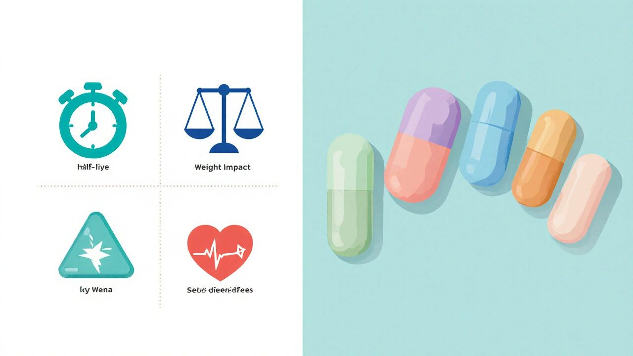 Flat‑design split screen comparing six antidepressants with icons for half‑life, weight, blood pressure, and sexual side effects.