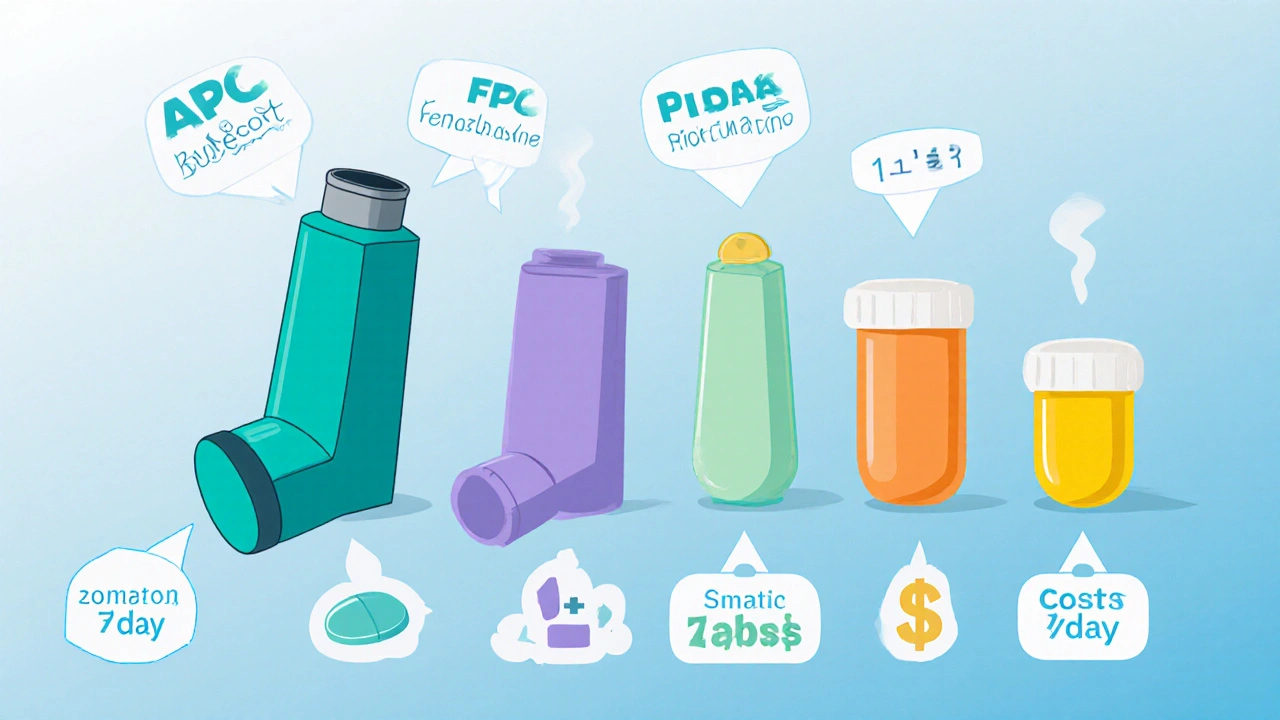 Flat icons of Budecort, Fluticasone, Beclomethasone inhalers, Montelukast tablet, and Ventolin rescue inhaler.