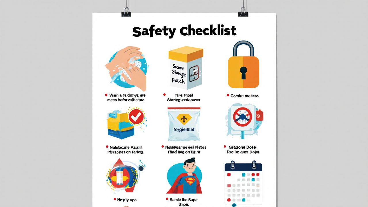 Flat illustration of a safety checklist with icons for proper patch use.