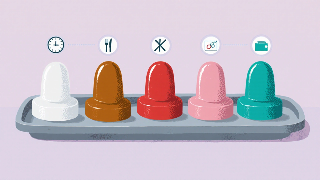 Flat‑lay of five antibiotic forms with visual icons for speed and cost.