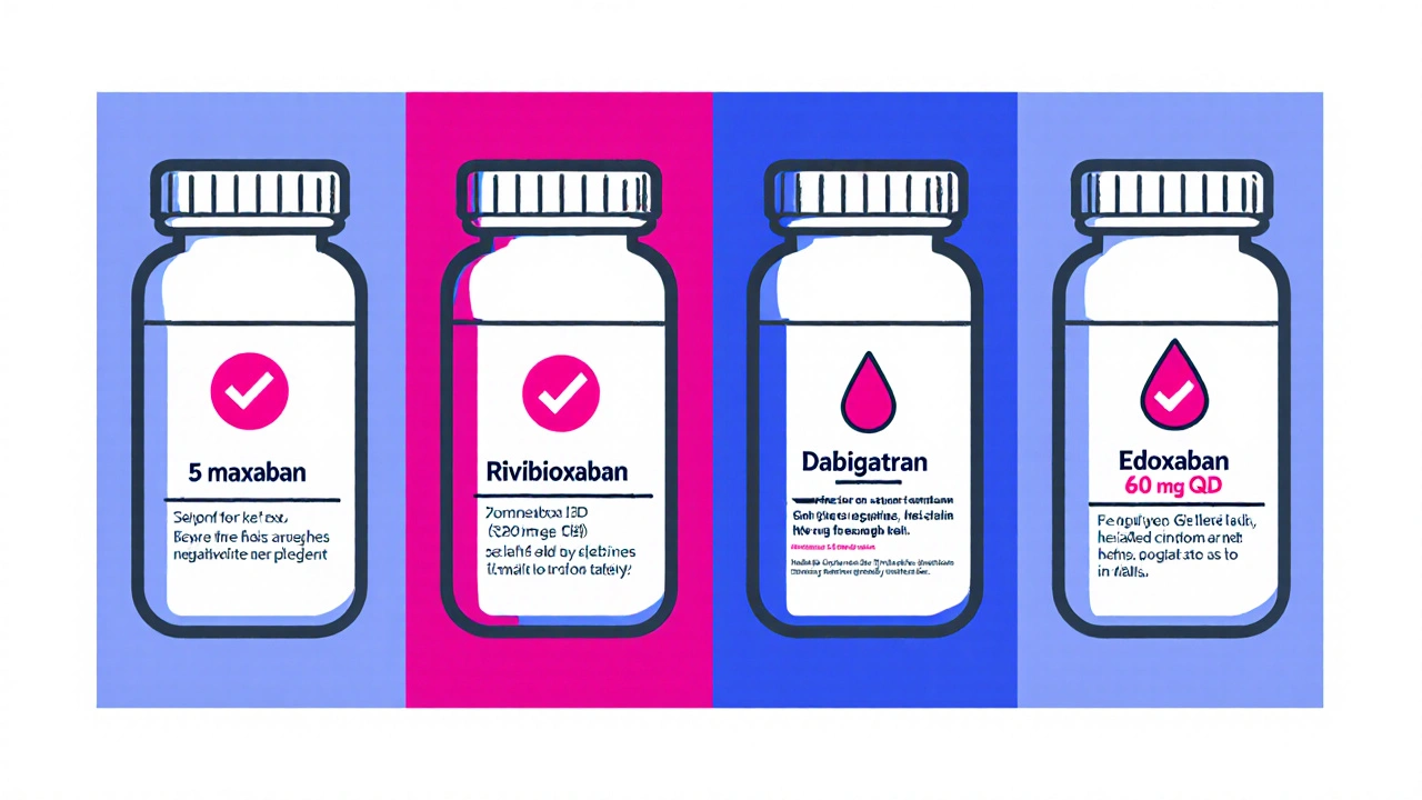 Four cartoon panels compare DOACs, showing doses, efficacy checks, and safety warnings.
