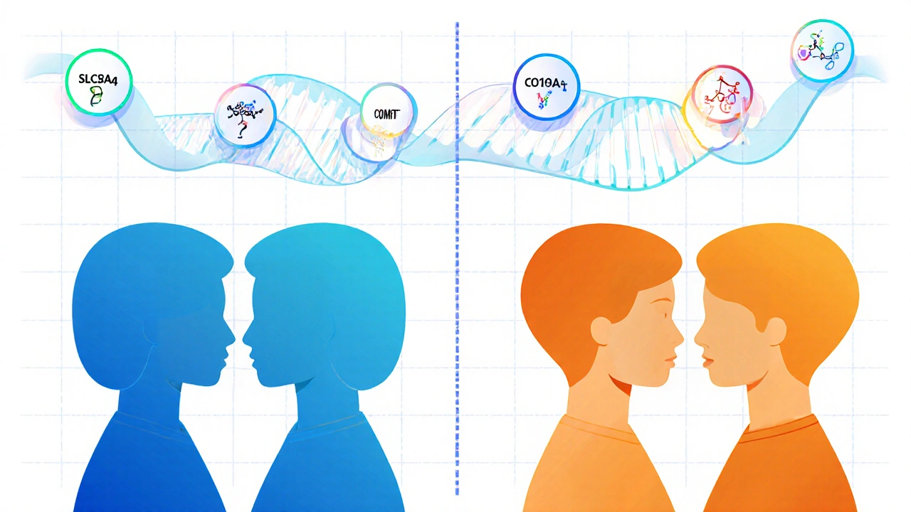 Identical and fraternal twins with overlapping DNA strands and gene icons.