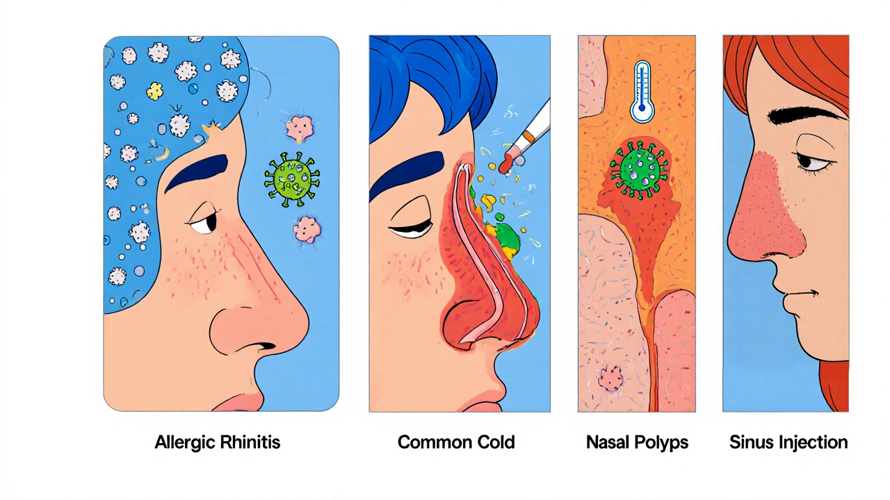 Illustrated panels showing allergic rhinitis, cold, COVID‑19, polyps, and sinus infection affecting smell.