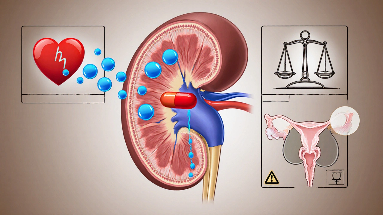Illustration of a kidney tubule showing Empagliflozin blocking glucose reabsorption, with heart and weight icons.