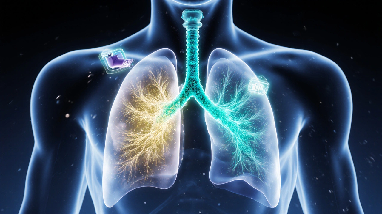 Illustration of lungs showing golden particles (ICS) and teal particles (LABA) flowing through airways.