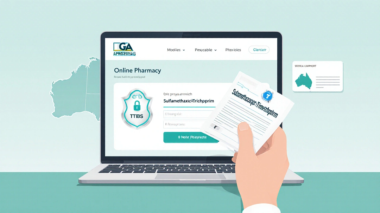 Laptop screen showing TGA badge and prescription upload button, hand holding prescription paper.