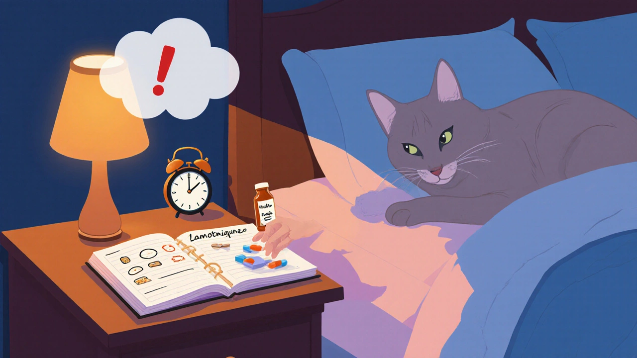Nighttime bedside with medication diary, lamotrigine bottle, and a faint rash warning cloud.