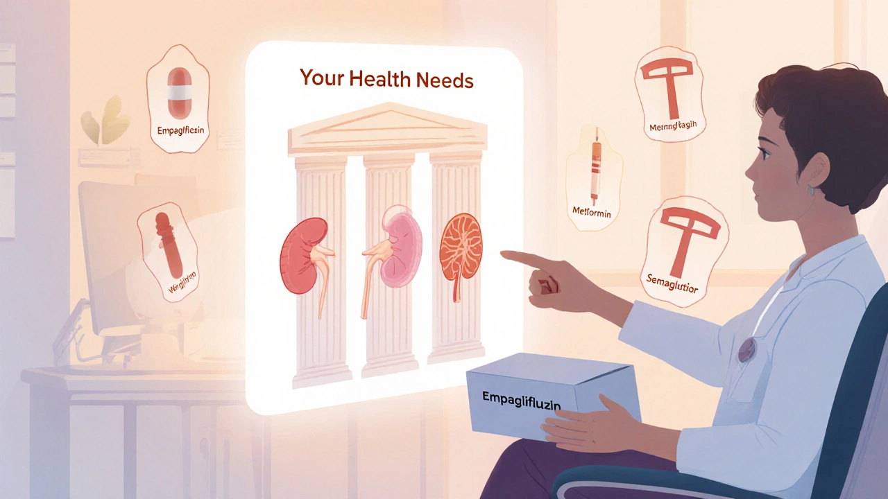 Patient and doctor discussing medication options, with floating heart, kidney, and scale symbols.