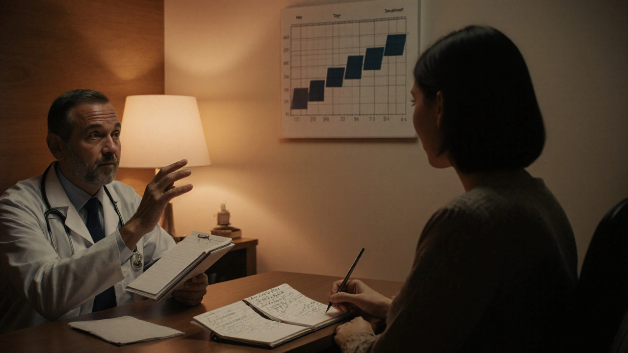Patient and doctor discussing medication taper in a warm, softly lit office with a symptom diary on the table.