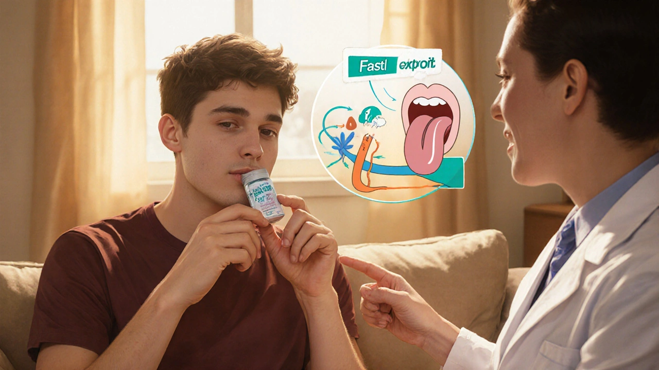 Patient holding a lozenge while doctor explains fast absorption.