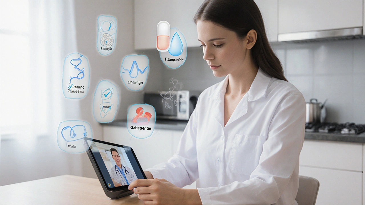 Patient on video call with doctor, surrounded by floating medication icons and check marks.