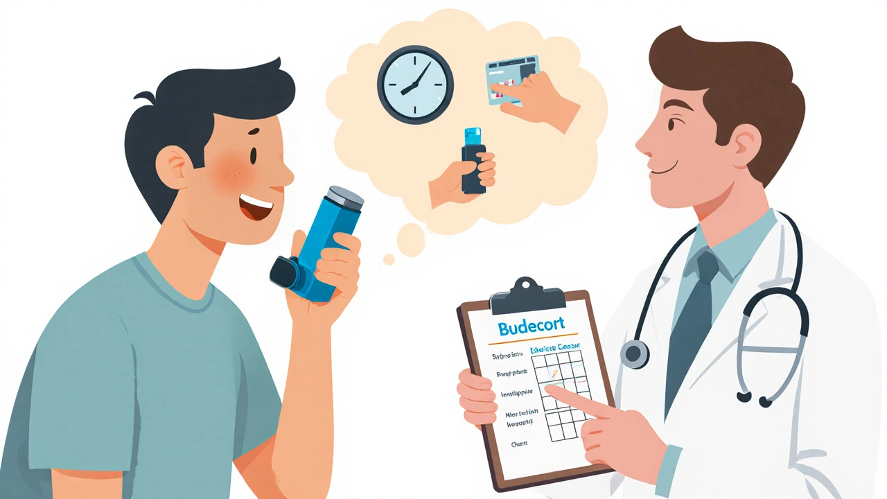 Patient with doctor discussing Budecort, showing inhaler, spacer, and insurance icons in flat cartoon.