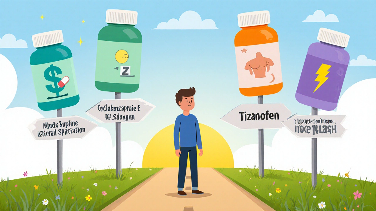 Person at a crossroads with pill‑shaped signposts indicating different drug choices.