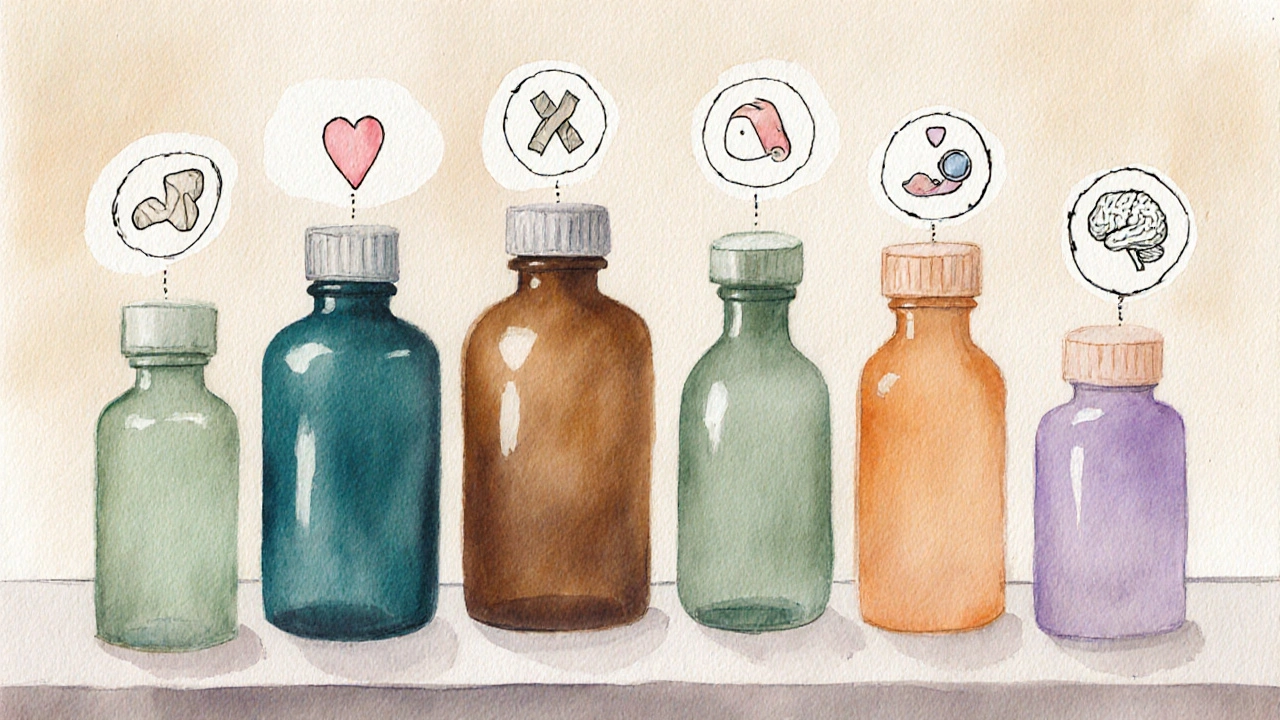Pharmacist counter with colorful medication bottles and tiny icons above each.