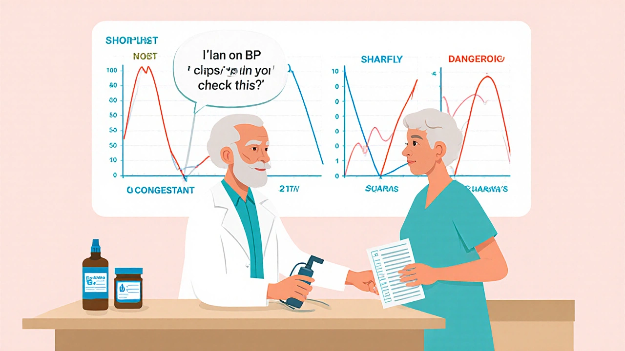Pharmacist handing saline spray to patient, with blood pressure graph showing safe vs. dangerous spikes.
