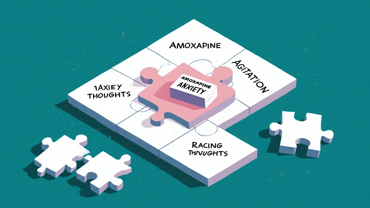 Puzzle with depression symptoms being solved by Amoxapine piece while other medications sit unused.