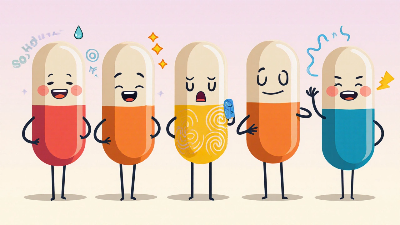 Six pill characters showing varied side‑effects like sleepiness and dizziness.