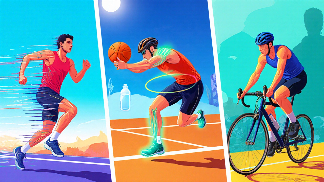 Split illustration of leg swings, arm circles, and lunges showing dynamic warm‑up exercises.