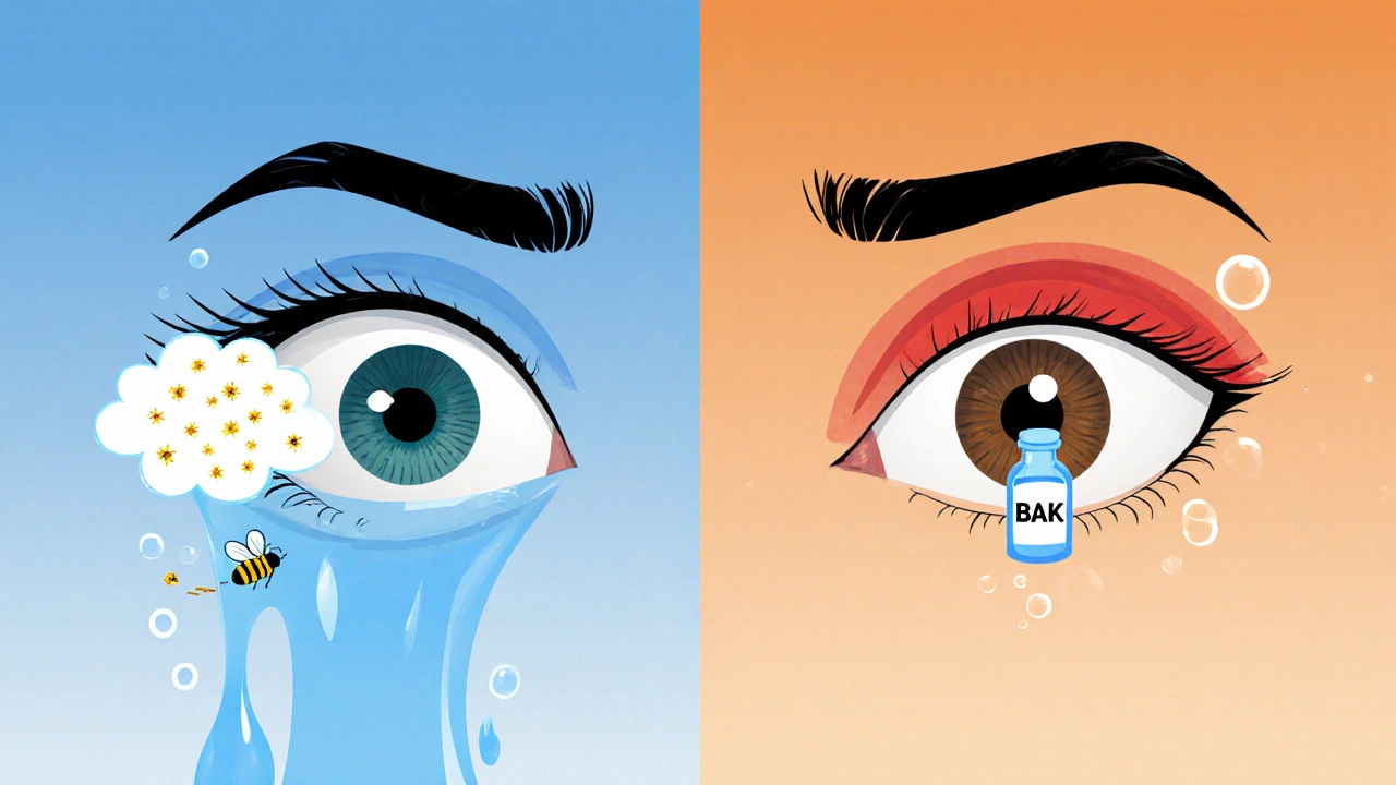 Split image: watery eye with pollen (allergy) vs gritty red eye with drop bottle (irritant).