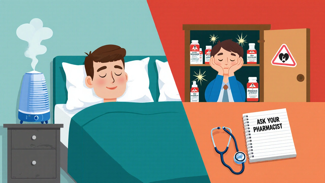 Split scene: peaceful sleep with humidifier and saline spray vs. risky decongestants emitting danger sparks.