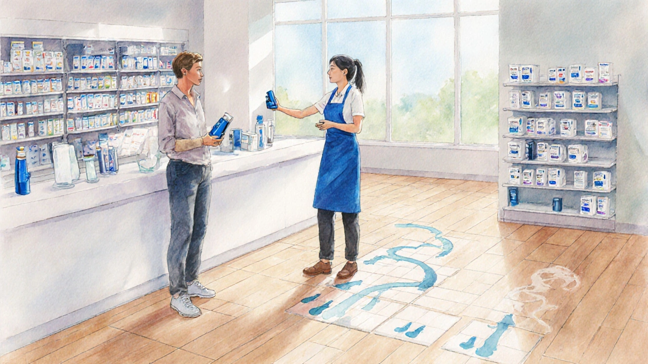 Watercolor pharmacy scene where a patient holds Symbicort while a pharmacist points to a shelf of inhalers.