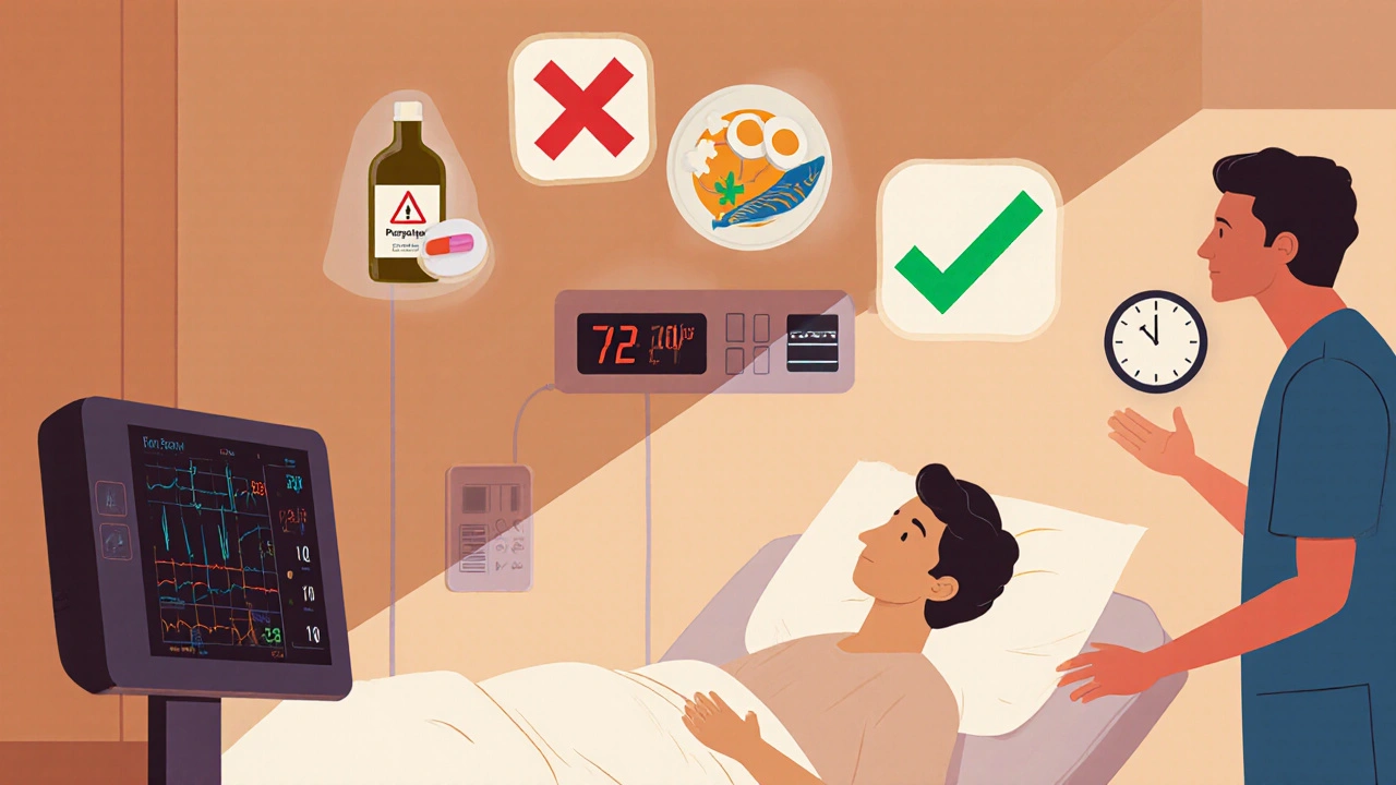 A patient in hospital during alcohol withdrawal with medical team and warning icons floating above.