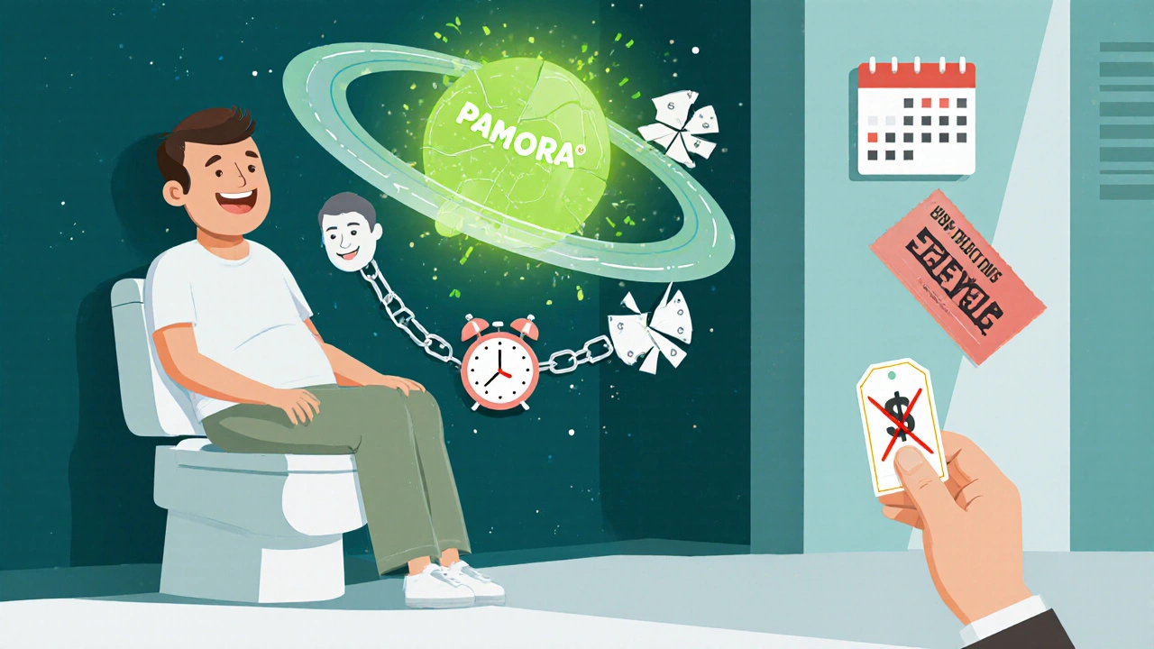 A patient relaxed on the toilet with a protective PAMORA molecule, surrounded by broken constipation symbols and a cost-saving card.