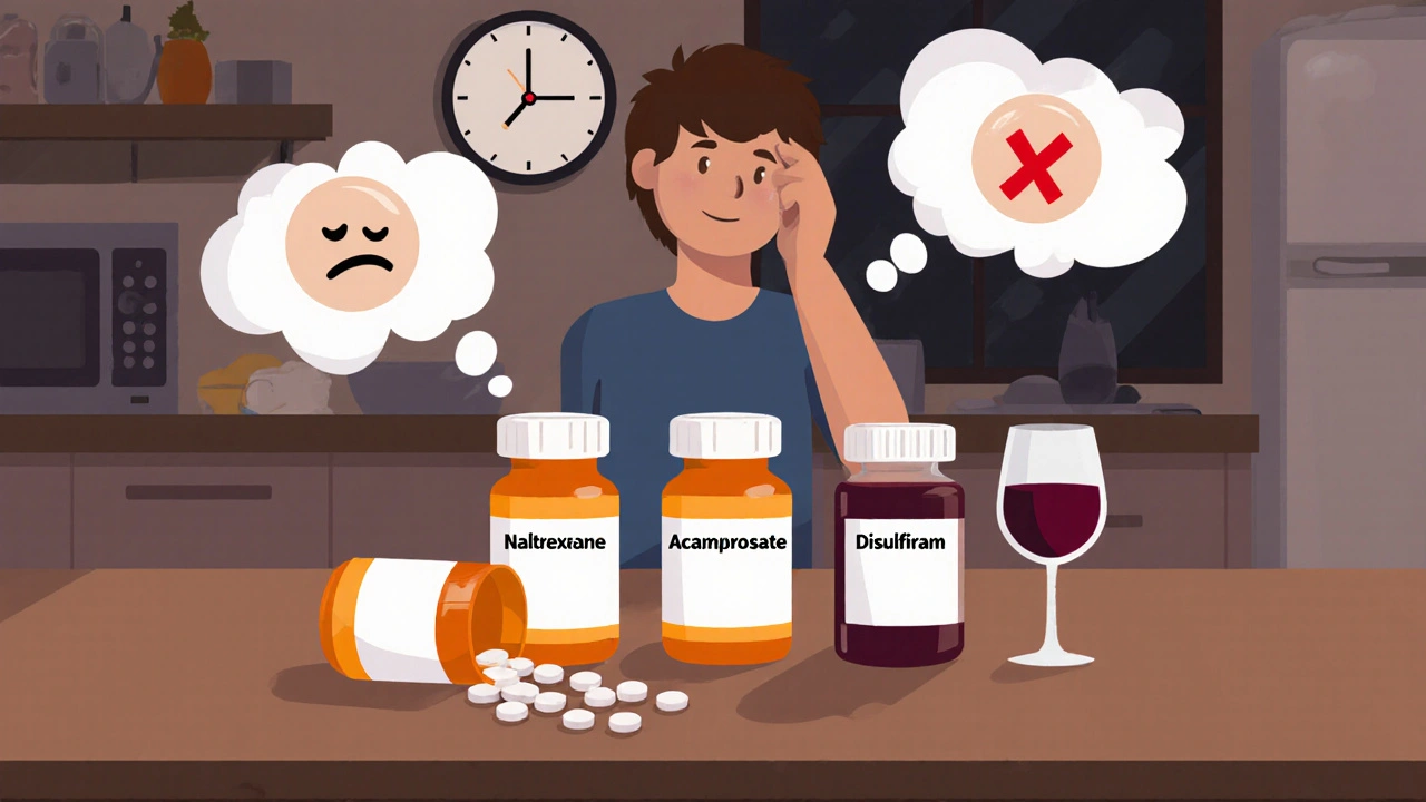 A person at a kitchen table with three AUD medication bottles and a glass of wine with a red X.