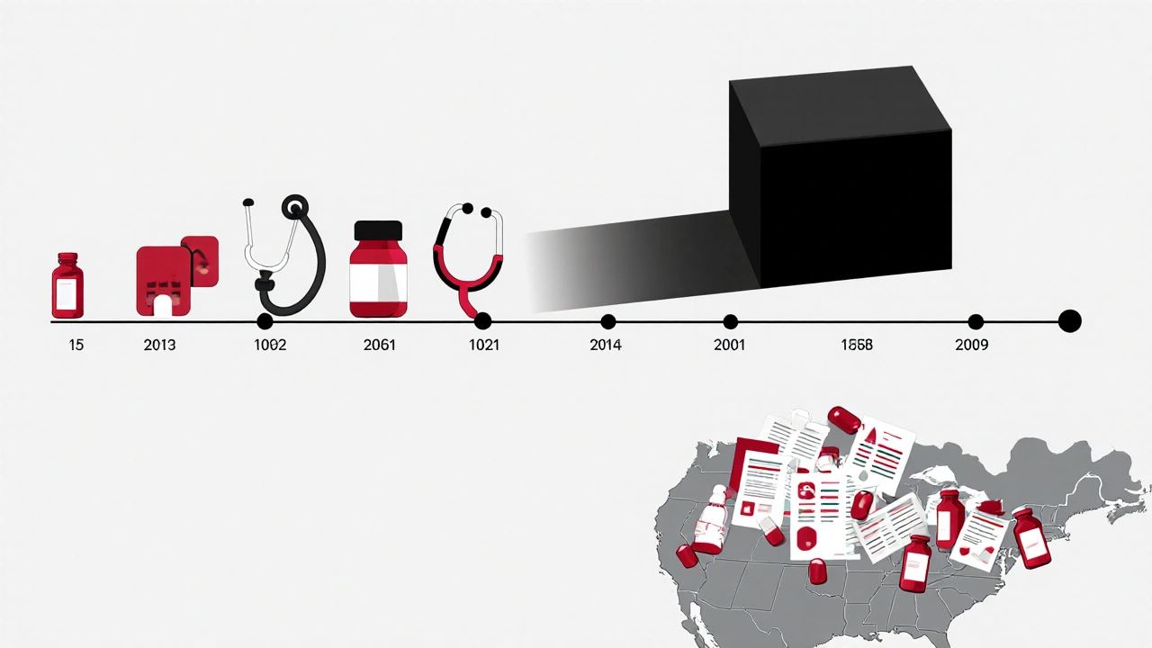 A timeline illustrating how post-market reports trigger a black box warning on a drug label.