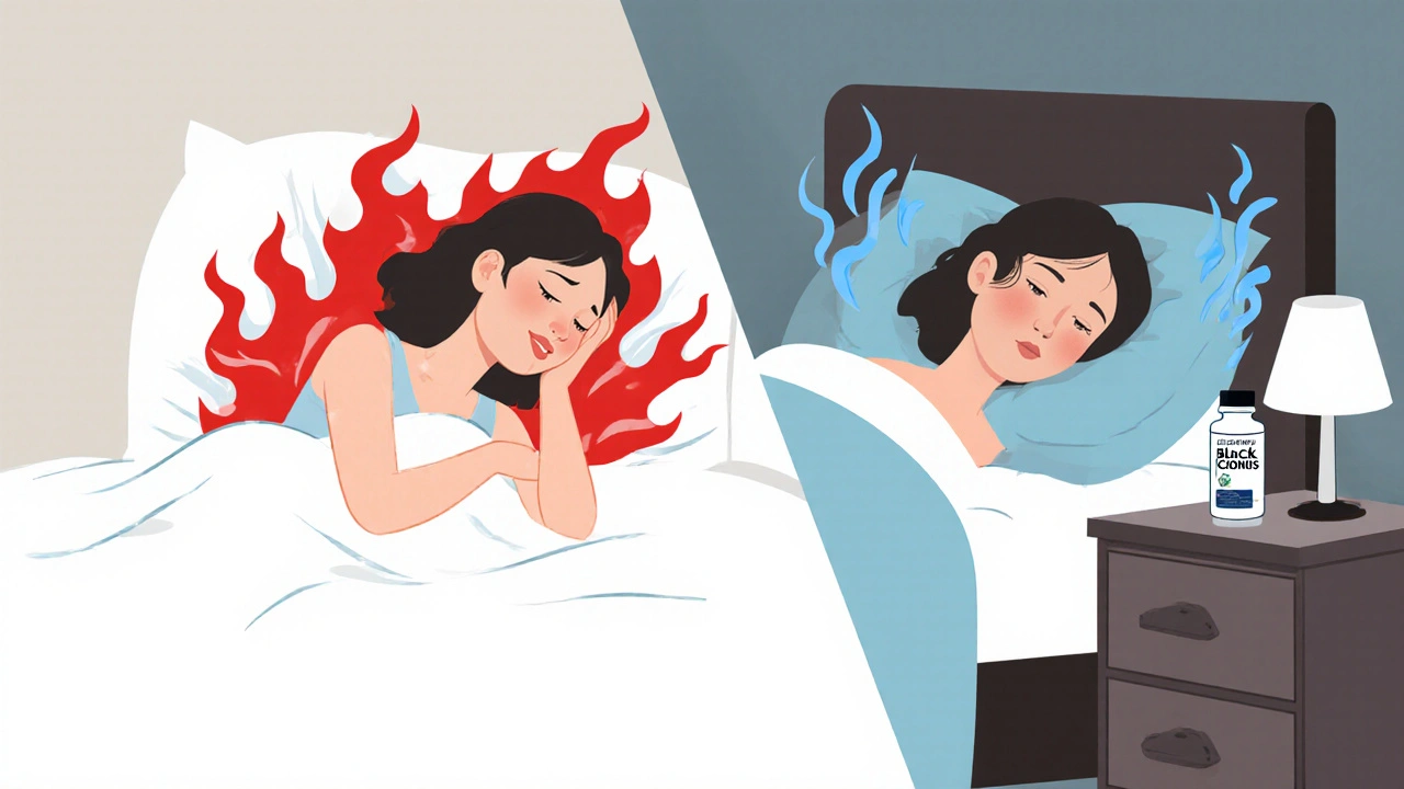 A woman transitioning from restless sleep with hot flashes to peaceful rest with a black cohosh bottle nearby.