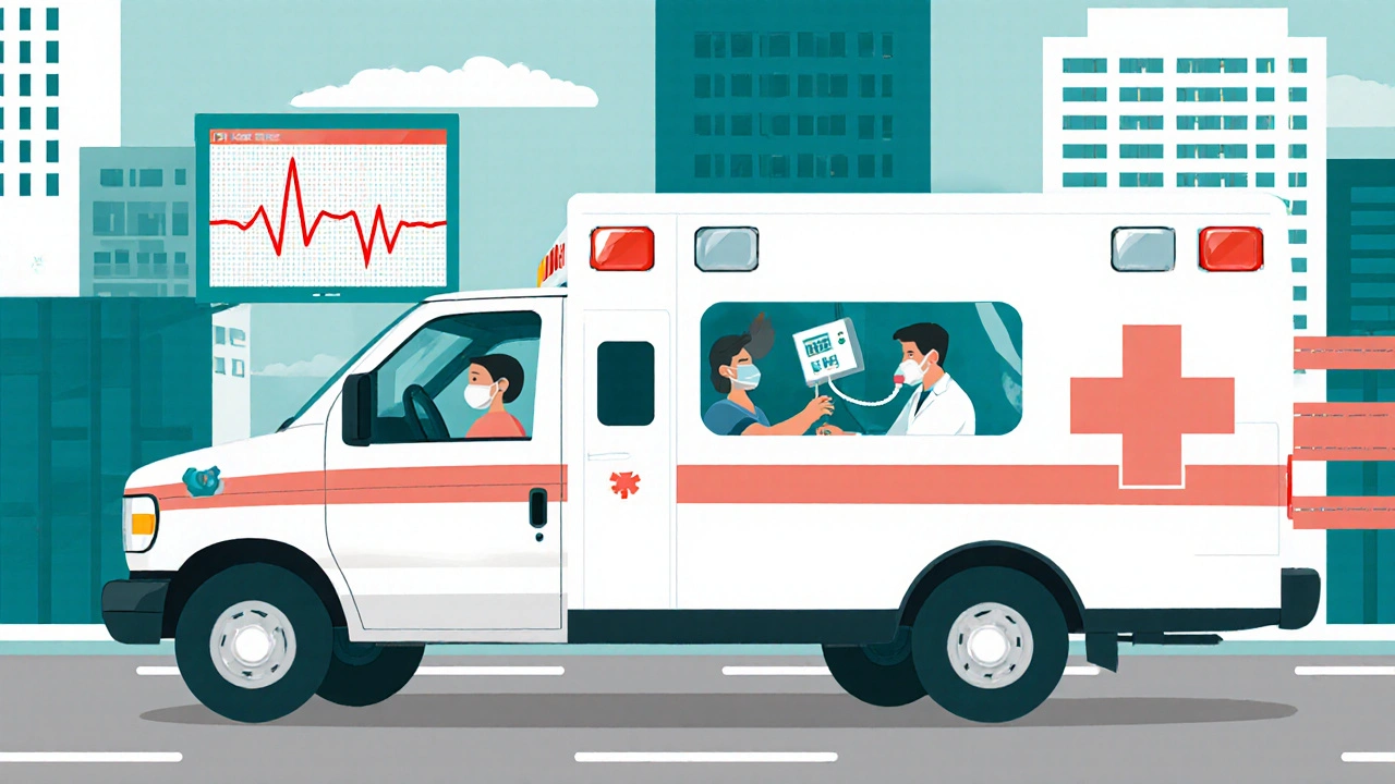 Ambulance with paramedics administering ECG during transport, digital monitor showing critical heart rhythm.