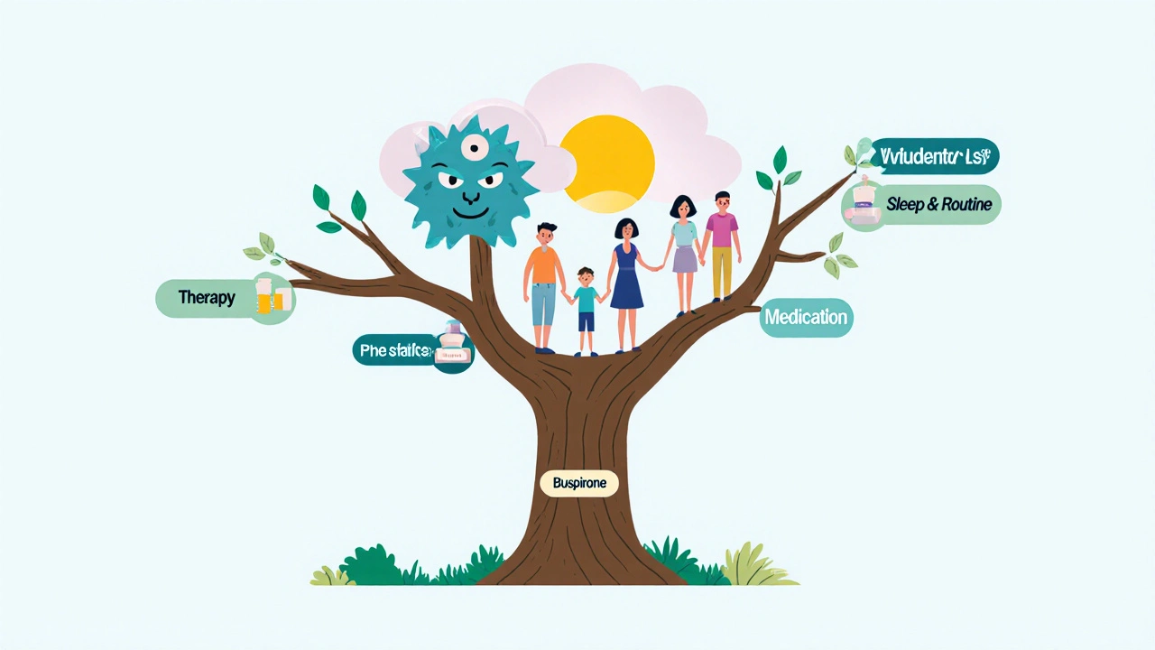 Child at center of a supportive family tree with therapy, medication, and routine branches.