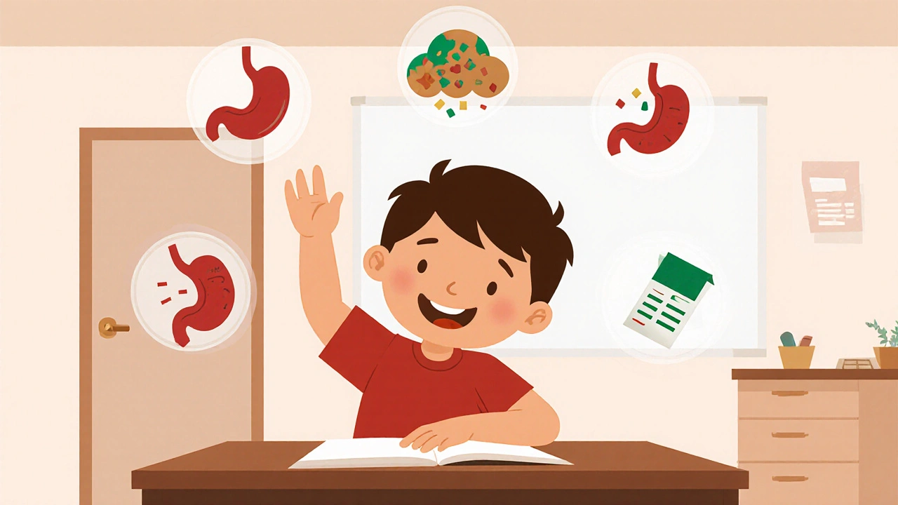 Child in classroom with fading anxiety symbols as they confidently raise their hand.