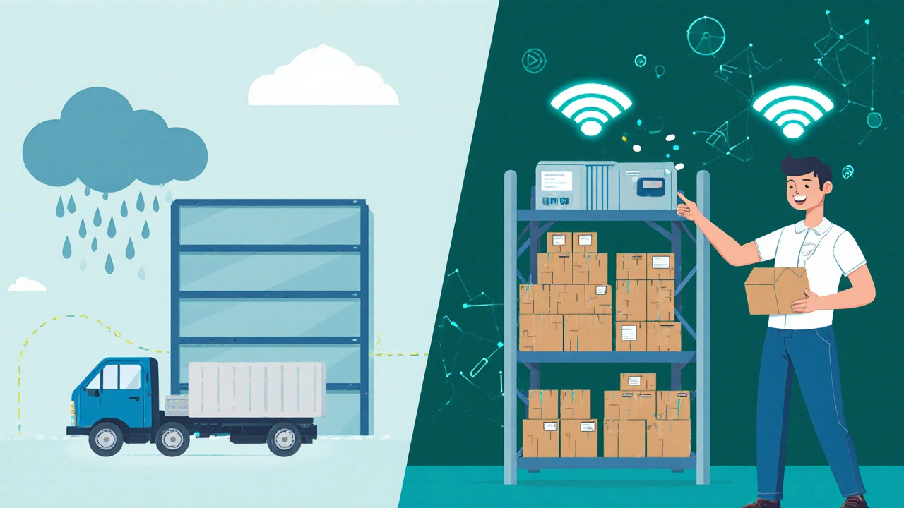 Contrasting just-in-time and just-in-case supply chain models with empty vs. buffered shelves.