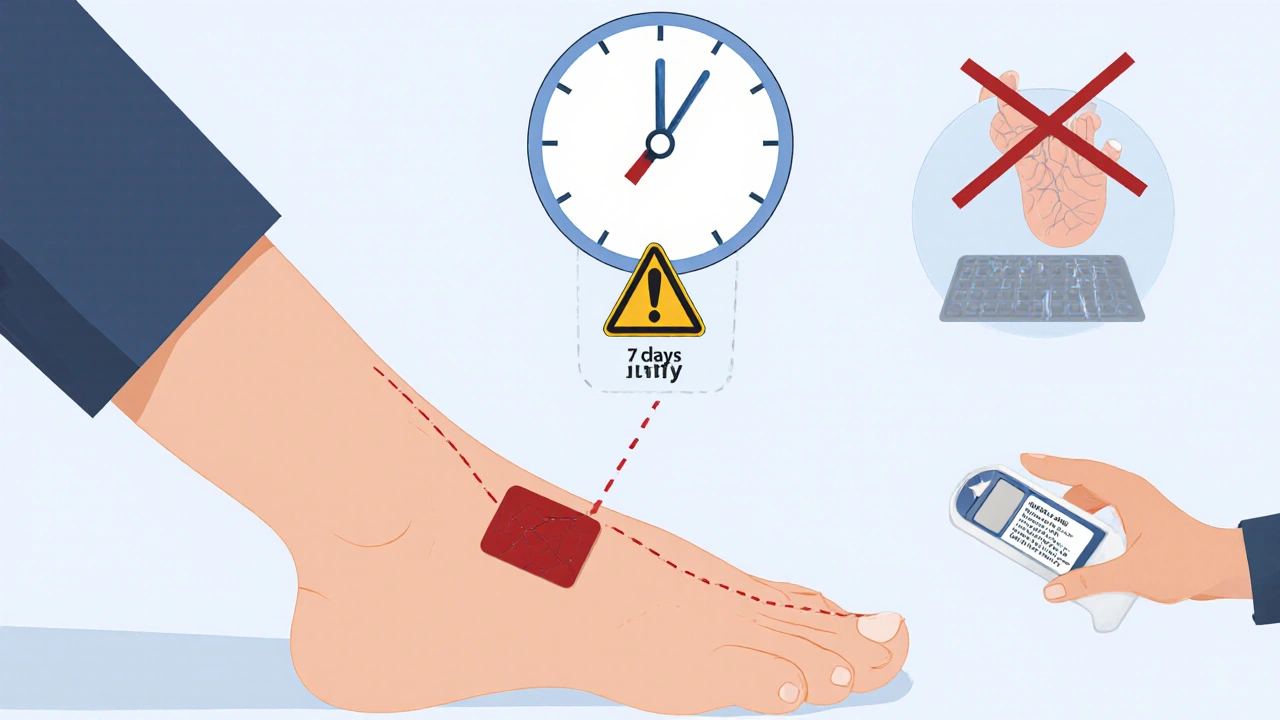 Diabetic person checking foot for irritation after patch use, with warning icons and pharmacist offering guidance.