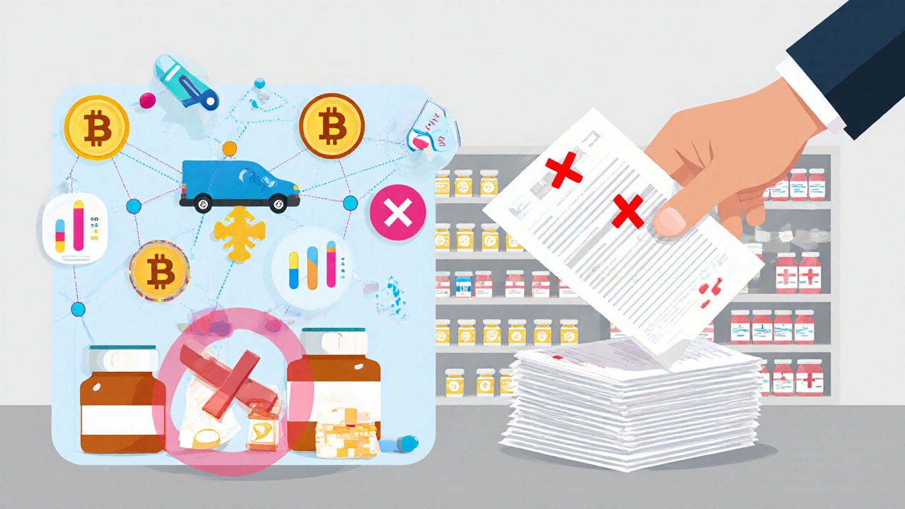 Digital dashboard with AI and blockchain tracking pills in transit, replacing paper bureaucracy.